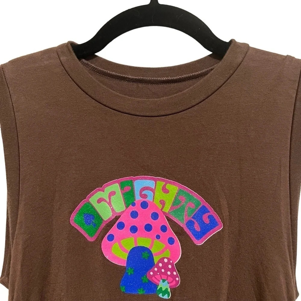 OMighty Brown Body-con Mushroom T-shirt Dress With Ruched Tie Sides Sz Small - Picture 3 of 8